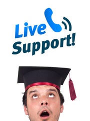 Young head looking at support contact type of icons and signs