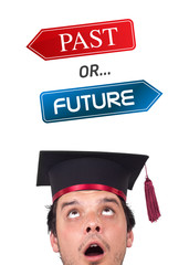 Young head looking at positive negative signs