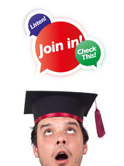 Young head looking at internet type of icons