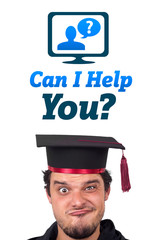 Young head looking at support contact type of icons and signs