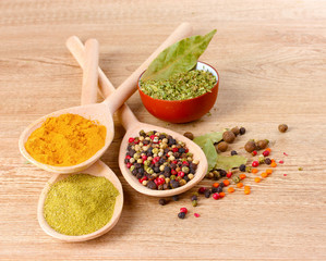 spices in the spoons on wooden background