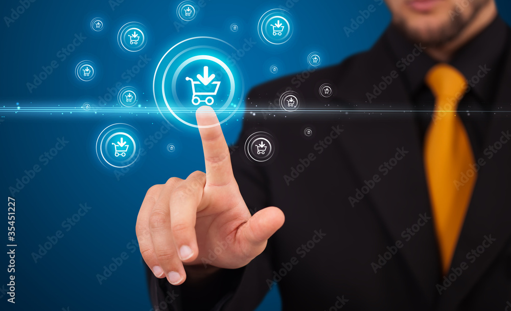 Wall mural businessman pressing virtual promotion and shipping type of icon