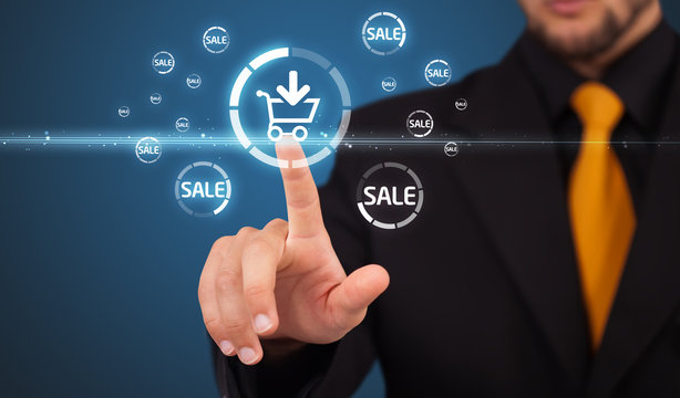 Businessman pressing virtual promotion and shipping type of icon