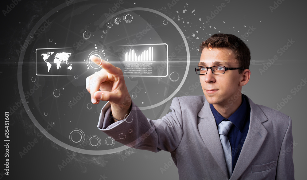 Poster businessman pressing high tech type of modern buttons