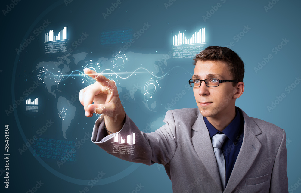 Poster businessman pressing high tech type of modern buttons