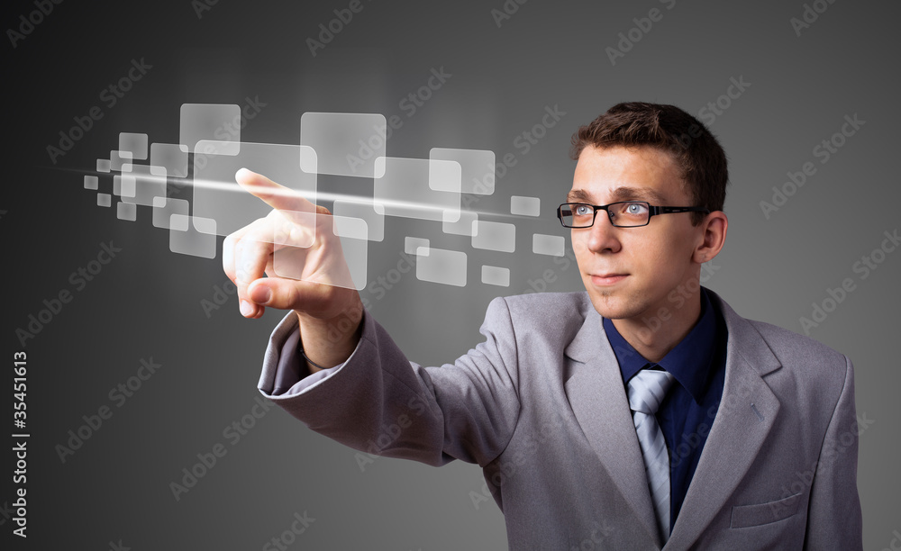 Poster businessman pressing high tech type of modern buttons