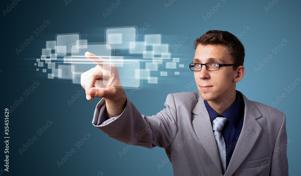 Poster businessman pressing high tech type of modern buttons