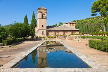 Alhambra de Granada. Convento de S. Francisco behind a pond