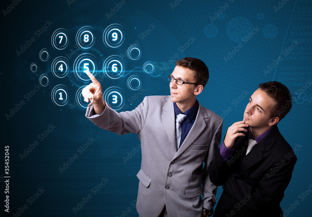 Poster businessman pressing high tech type of modern buttons