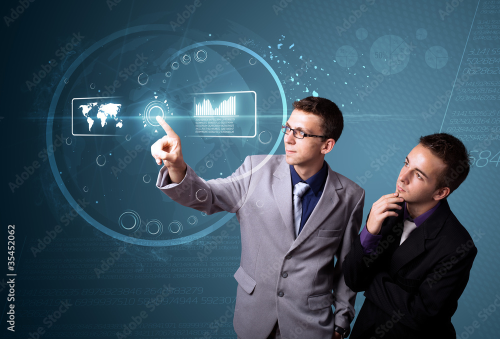 Poster businessman pressing high tech type of modern buttons