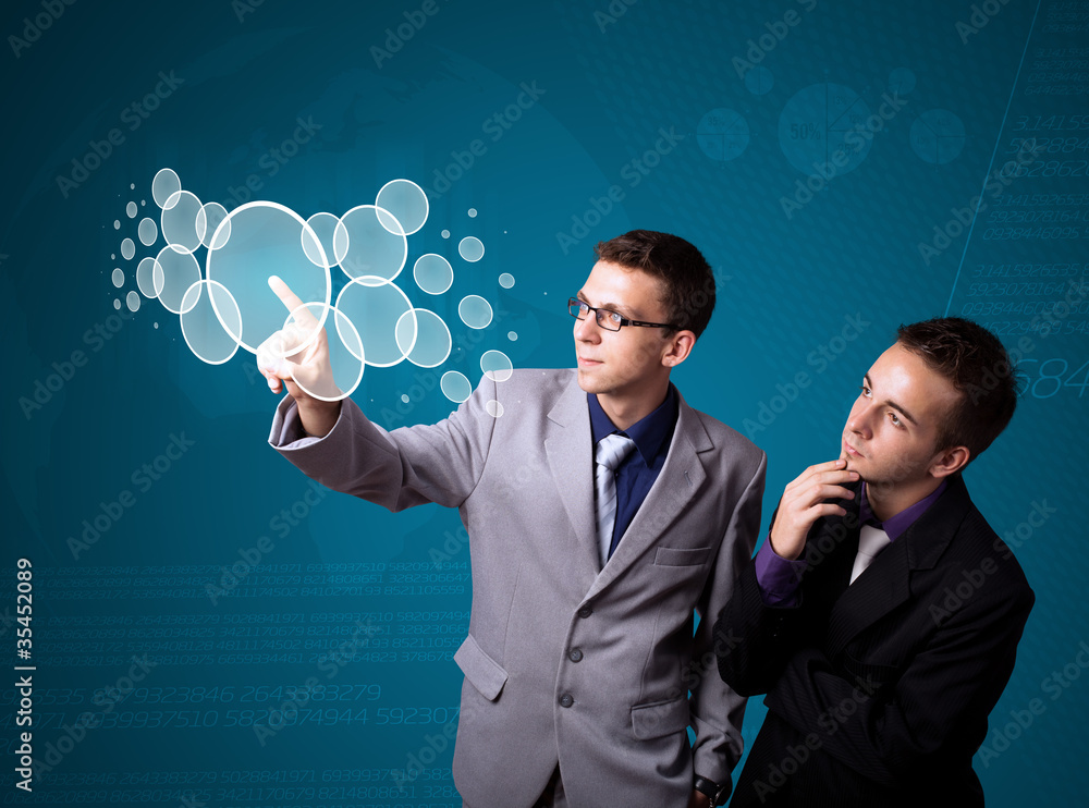 Poster businessman pressing high tech type of modern buttons