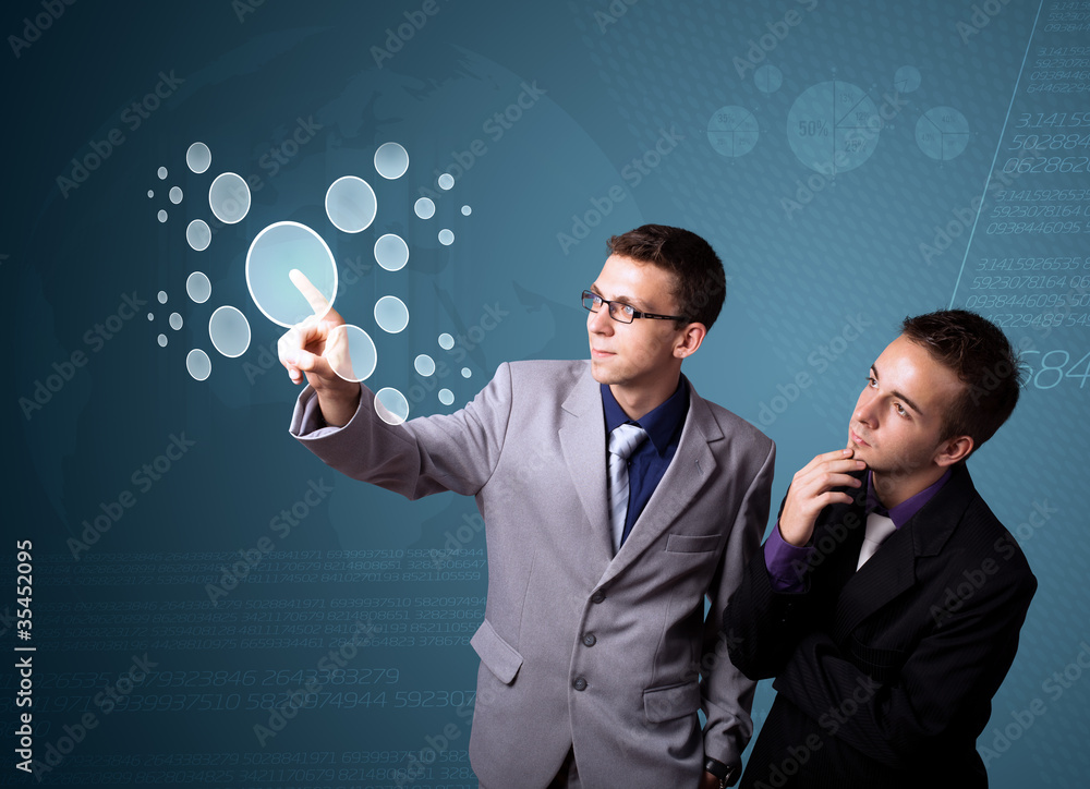 Poster businessman pressing high tech type of modern buttons
