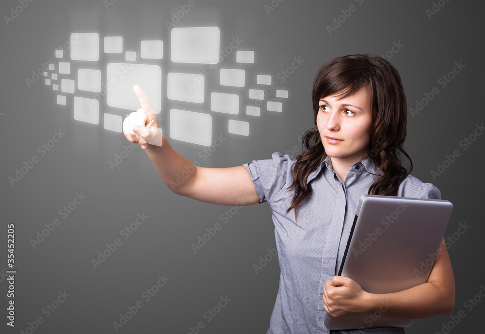 Wall mural businesswoman pressing high tech type of modern buttons