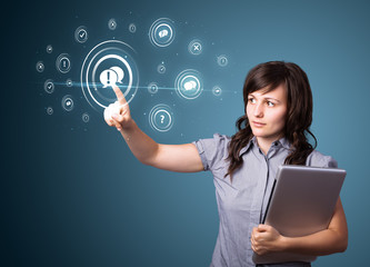 Businesswoman pressing modern social type of icons