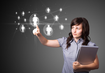 Businesswoman pressing modern social type of icons