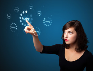 Businesswoman pressing simple type of start buttons