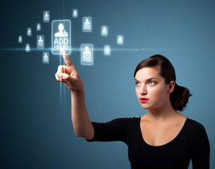 Businesswoman pressing modern social type of icons