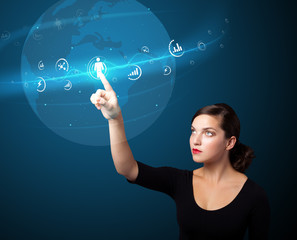 Businesswoman pressing modern social type of icons