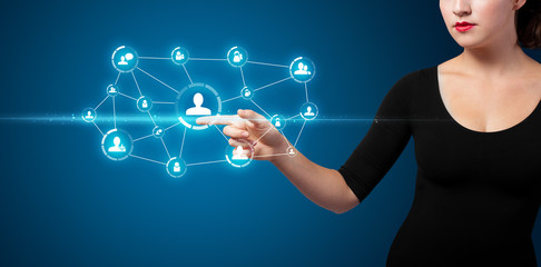 Businesswoman pressing modern social type of icons