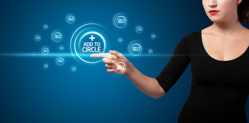 Businesswoman pressing modern social type of icons