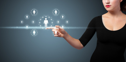 Businesswoman pressing modern social type of icons
