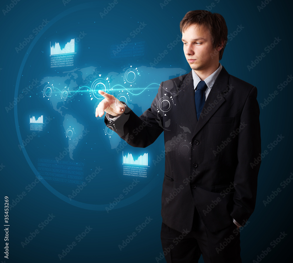 Poster businessman pressing high tech type of modern buttons