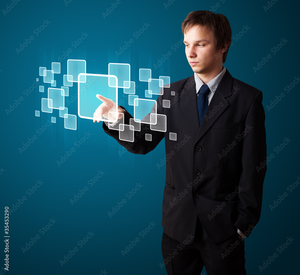 Poster businessman pressing high tech type of modern buttons