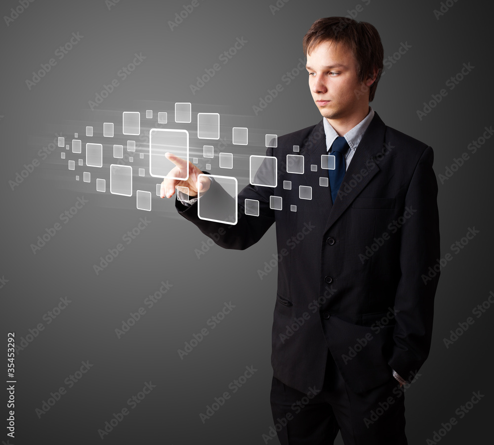 Poster businessman pressing high tech type of modern buttons