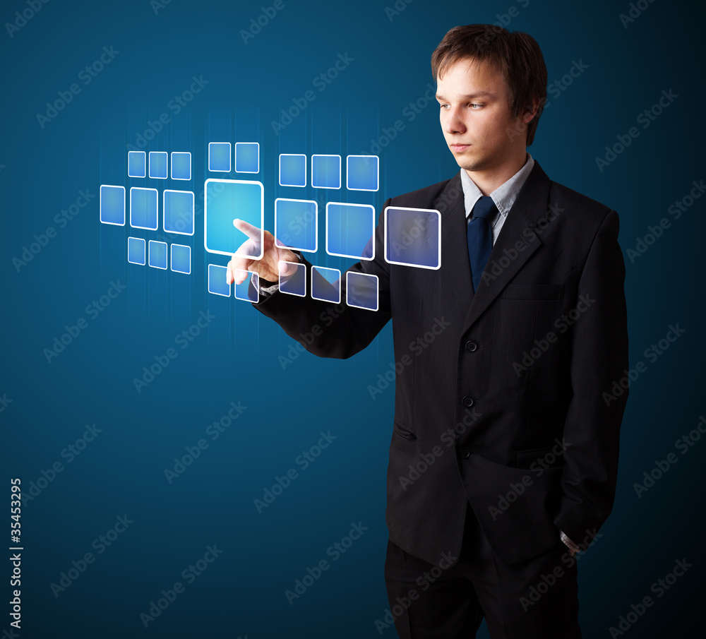 Poster businessman pressing high tech type of modern buttons
