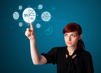 Businesswoman pressing modern business type of buttons