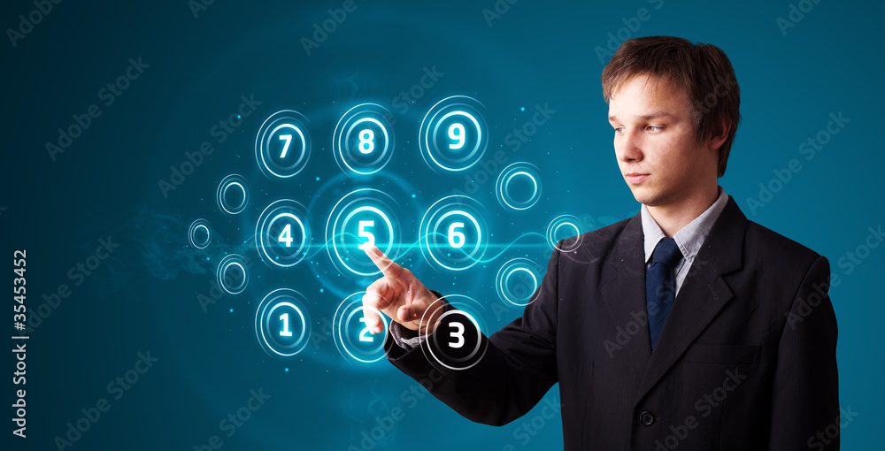 Poster businessman pressing high tech type of modern buttons