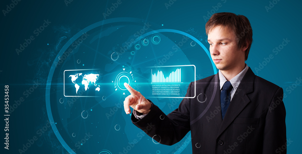 Poster businessman pressing high tech type of modern buttons