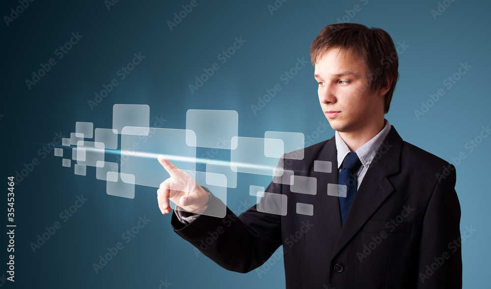 Poster businessman pressing high tech type of modern buttons