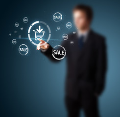 Businessman pressing virtual promotion and shipping type of icon