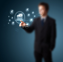 Businessman pressing virtual promotion and shipping type of icon