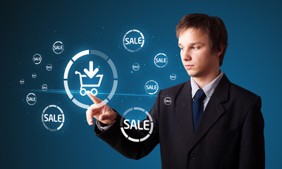 Businessman pressing virtual promotion and shipping type of icon