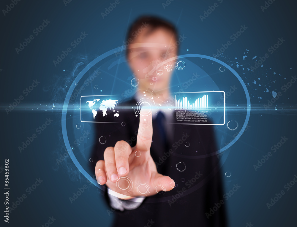Poster businessman pressing high tech type of modern buttons