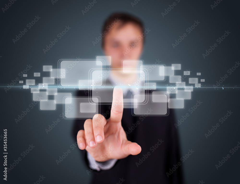 Poster businessman pressing high tech type of modern buttons