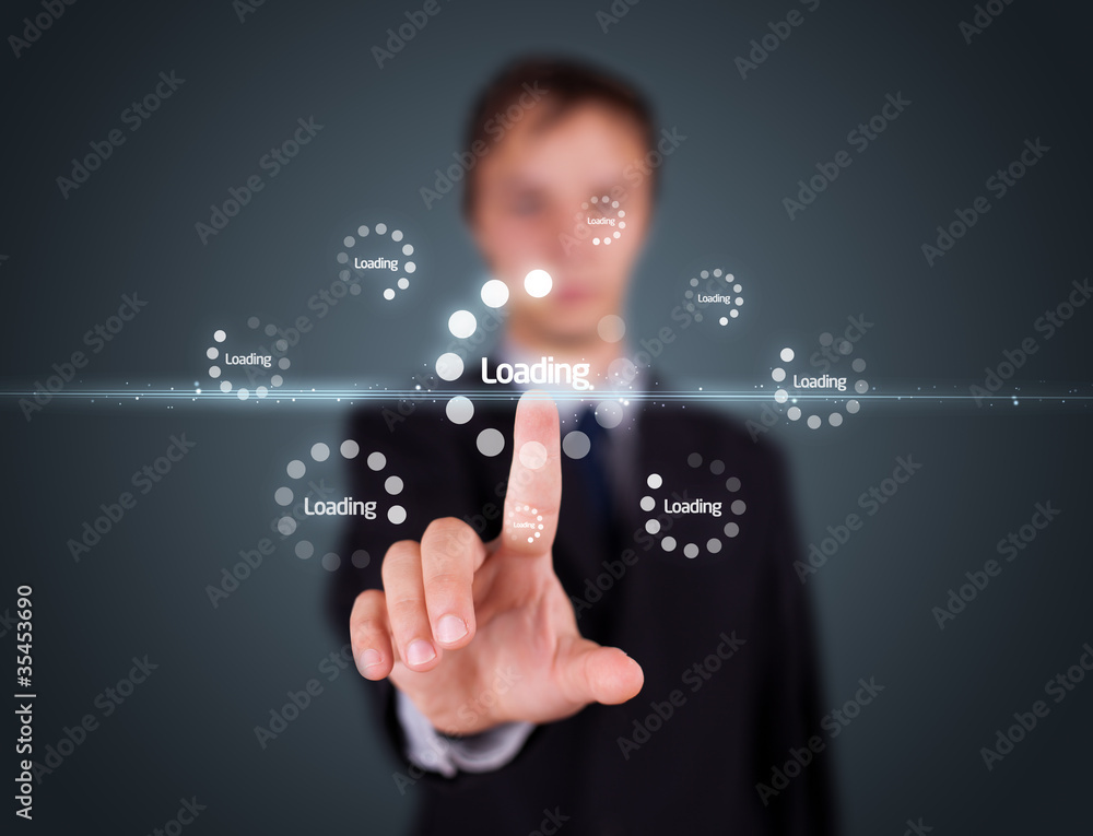 Poster businessman pressing high tech type of modern buttons