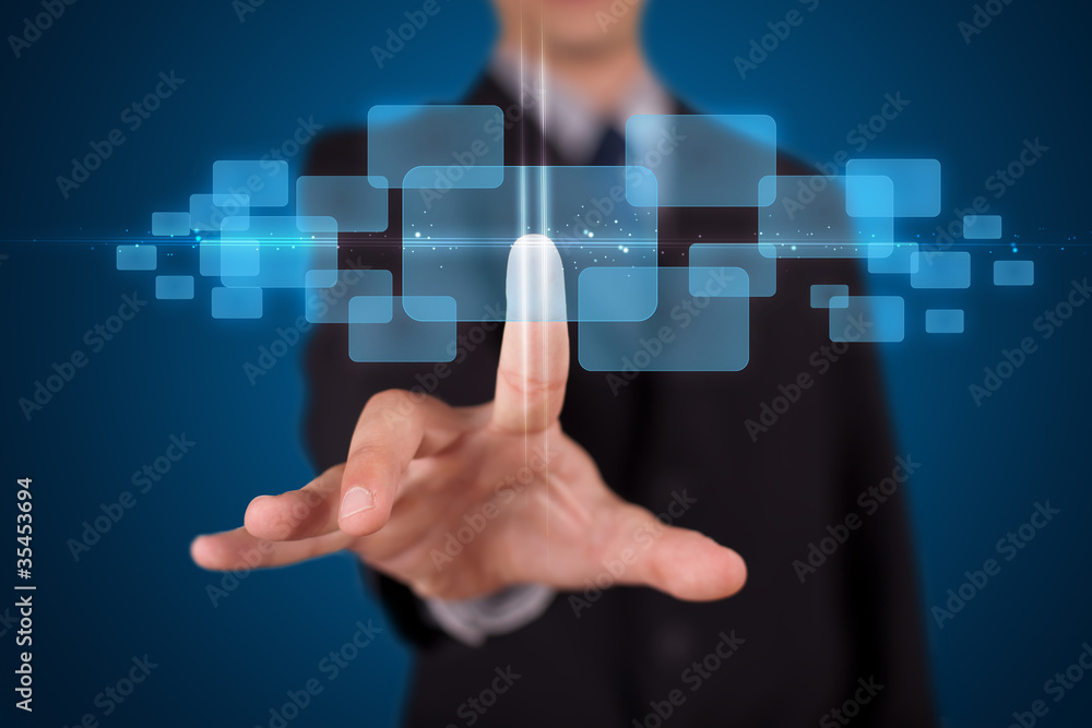 Poster businessman pressing high tech type of modern buttons