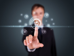 Businessman pressing virtual promotion and shipping type of icon