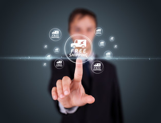 Businessman pressing virtual promotion and shipping type of icon