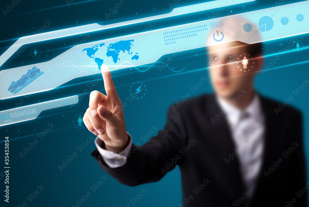 Poster businessman pressing high tech type of modern buttons