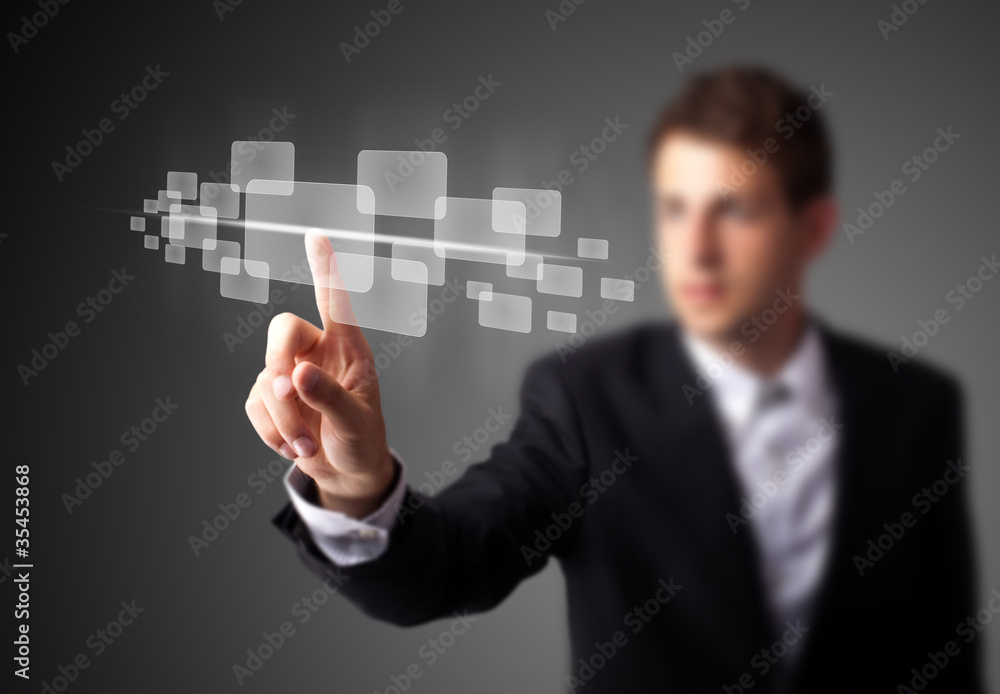 Poster businessman pressing high tech type of modern buttons