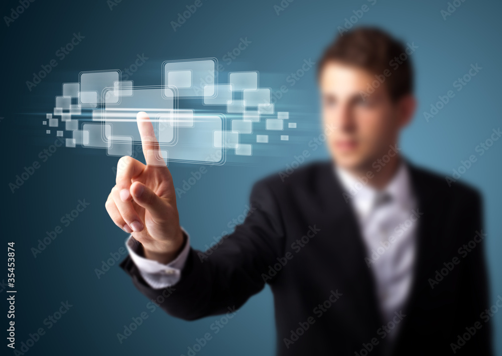 Poster businessman pressing high tech type of modern buttons