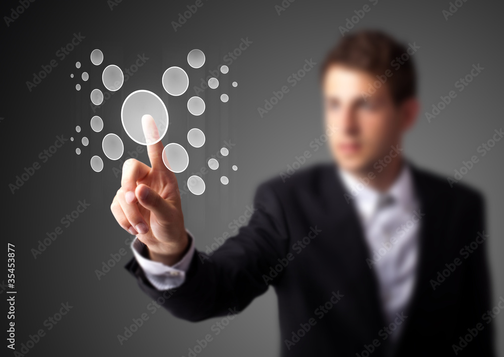 Poster businessman pressing high tech type of modern buttons