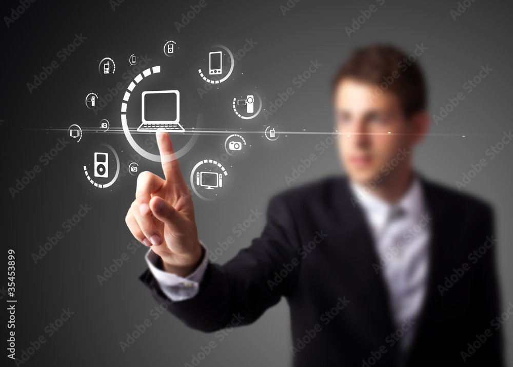 Poster businessman pressing virtual media type of buttons