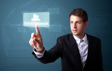 Businessman pressing modern social type of icons