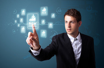 Businessman pressing virtual promotion and shipping type of icon