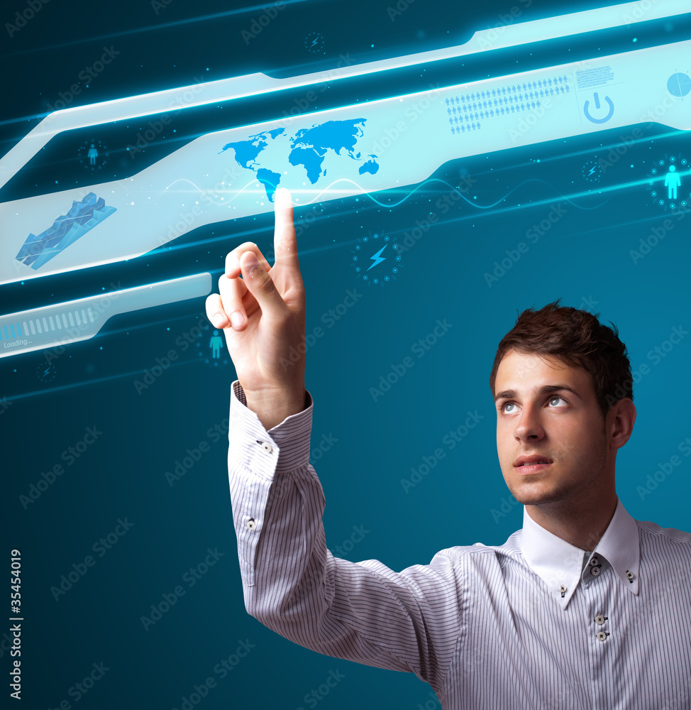 Poster businessman pressing high tech type of modern buttons
